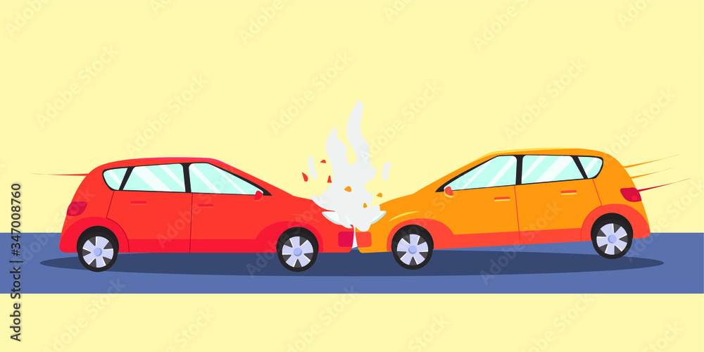 Car accident flat design vector concept: two sedans colliding each other and crashing each of their bumpers