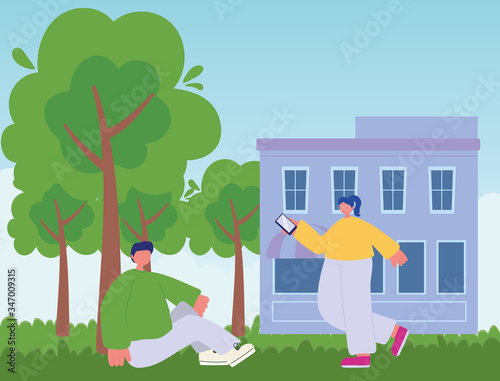people activities, girl with smartphone and boy sitting on grass outdoor