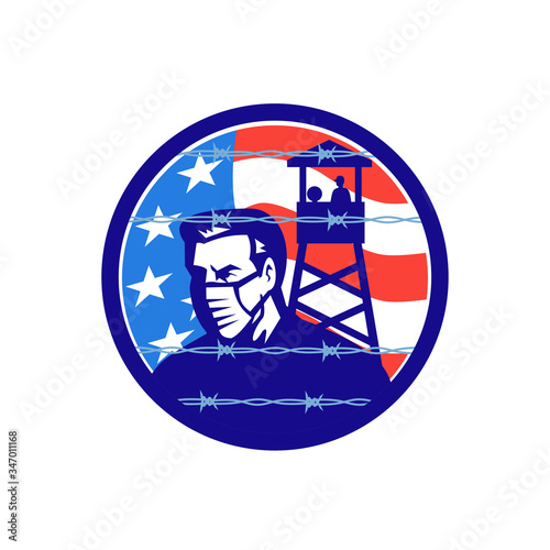 Mascot icon illustration of a concept on America in lockdown due to pandemic showing wearing mask in quarantine isolation during epidemic shutdown with barbed wire fence with USA flag in retro style.