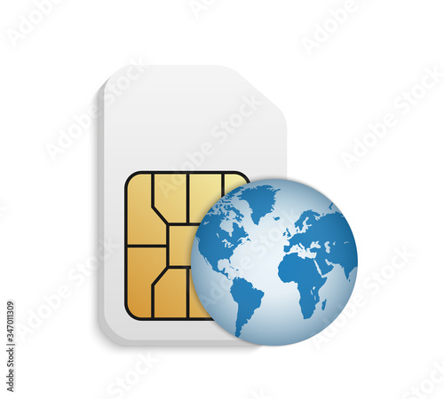 Realistic SIM card with planet illustration. Global phone card.