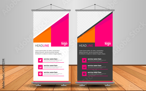 Modern Roll Up Banner. Advertising vector template design with colorful background.