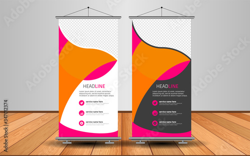Modern Roll Up Banner. Advertising vector template design with colorful background.
