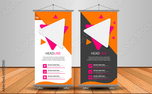 Modern Roll Up Banner. Advertising vector template design with colorful background.