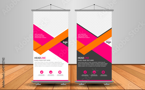 Modern Roll Up Banner. Advertising vector template design with colorful background.