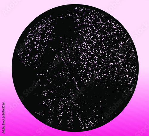 Black disc with ornate made of little dots and particles. Contemporary abstract vector artwork, abstractionism and constructivism non-objective art.