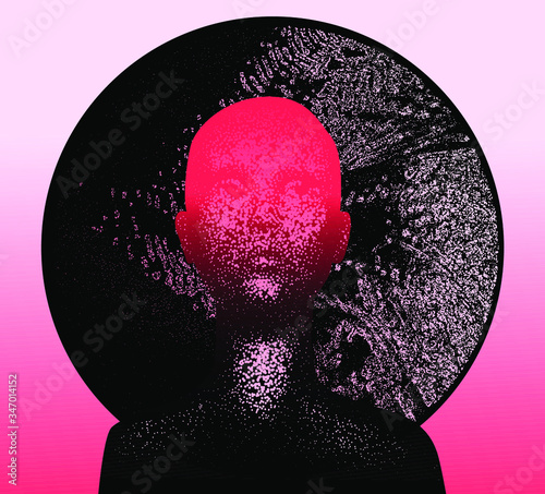 Human silhouette with black halo disk behind head. Creepy weird conceptual illustration about mental states and psychological issues.