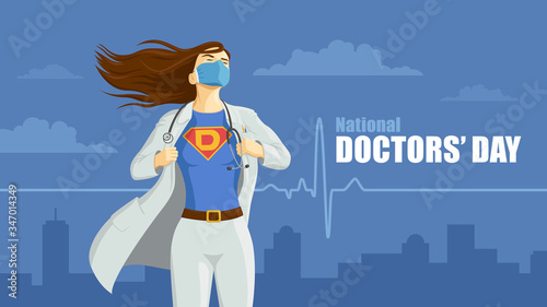 Detailed flat vector illustration of a doctor revealing her superhero emblem underneath her coat. National Doctors' Day. Feel free to use only parts of the illustration too.