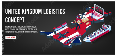 Modern isometric concept of United Kingdom transportation with Global Logistics, Warehouse Logistics, Sea Freight Logistics. 
Easy to edit and customize. Vector illustration
