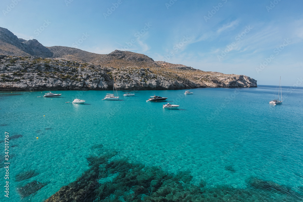 A view of the beautiful virgin beach Cala Mendia, east of Mallorca island, Balearic Islands, Mediterranean Sea, Spain. Best beaches of Mallorca.