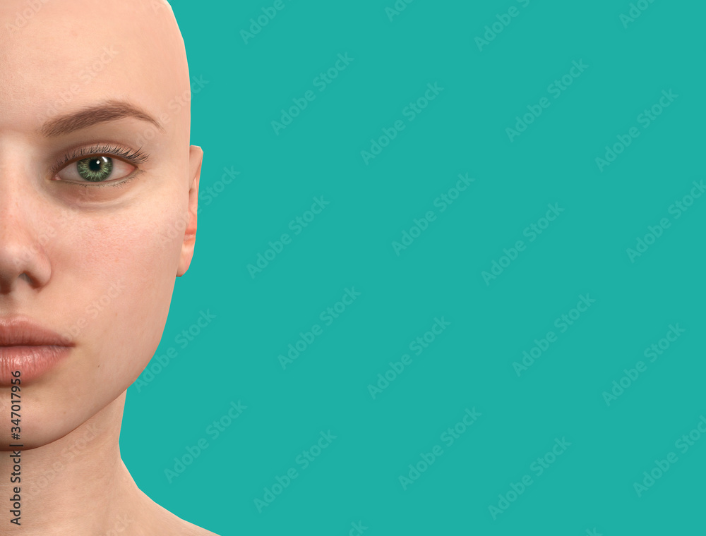 close-up half woman face. Woman withgreen eyes .3d illustration of woman with green background