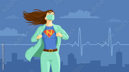 Detailed flat vector illustration of a nurse revealing her superhero emblem underneath her coat. International Nurses Day. Feel free to use only parts of the illustration too.