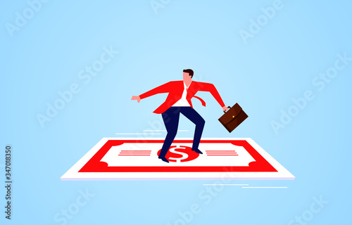 Business concept, businessman standing flying on money