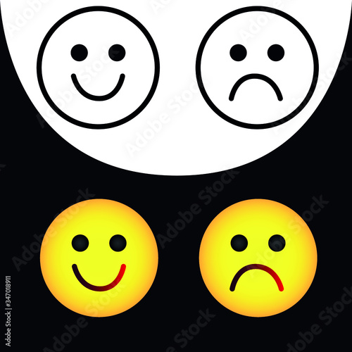Happy and Sad Emoji Faces Line Art Vector Icon for Apps and Websites. Vector illustration. Isolated on white background. Happy and Unhappy