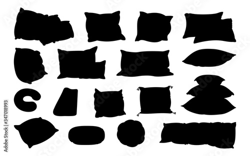 Different shape pillow black flat silhouette set. Home interior textile. Sofa bed sleep pillows glyph. Feather, bamboo eco fabric. Monochrome cushion various solid design. Isolated vector illustration