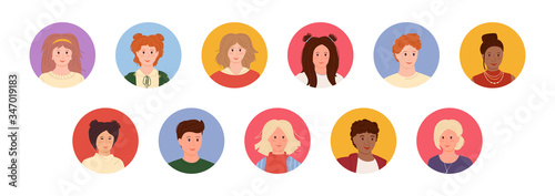 Avatar young people set cartoon style. Multi nationality faces man and woman. Different nations representatives collection portraits. Isolated vector illustration
