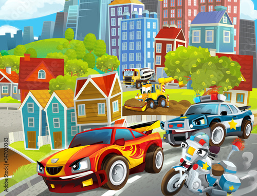 Cartoon funny looking scene with cars vehicles moving in the city - illustration © honeyflavour