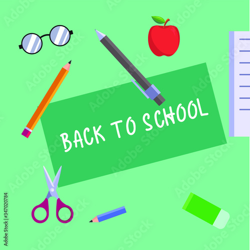 Back to school vector layout concept written on green cardboard, with school utensils surrounding in green background