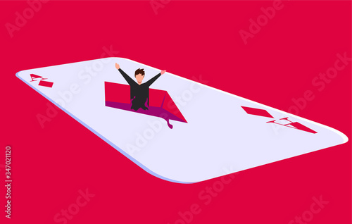 Gambling addiction vector concept, with male figure drowning in big diamond ace card icon in red background