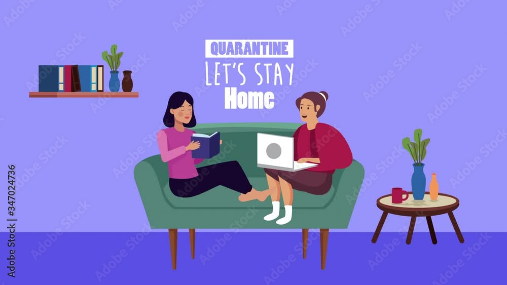 stay at home campaign with women using laptop and reading in livingroom stay at home campaign with women using laptop and reading in livingroom