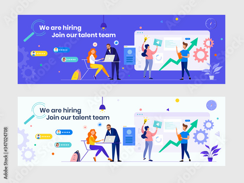 We are hiring recruitment banner with flat people. HR manager, hire employees to join our company. Job vacancy. Business teamwork consulting concept. Great for Twitter, Facebook, Linkedin etc cover