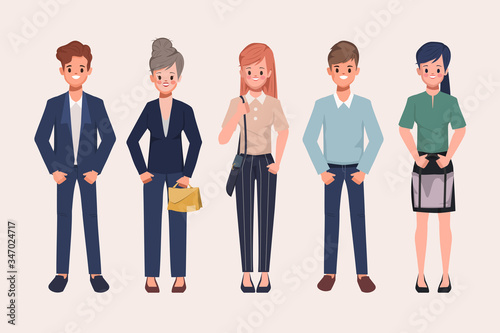Business people in office with businessman and businesswoman and freelance job character. Cartoon flat vector design.