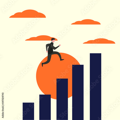 Business growth vector concept: Silhouette of businessman climbing up the bar chart with sun rising background