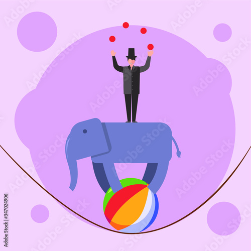 Circus flat design vector concept: A man juggling and standing on an elephant stack with a circus ball while balancing on rope
