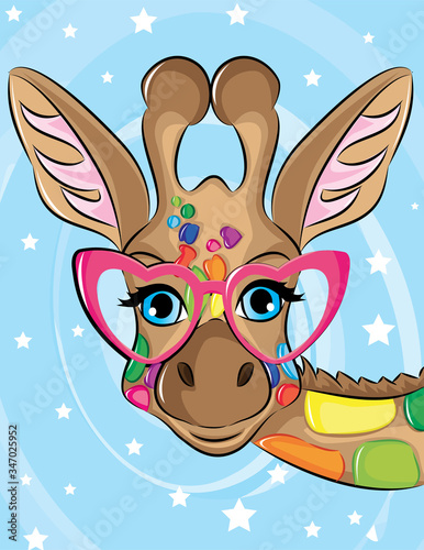 Funny poster. Portrait of a Giraffe in a love glasses. Vector illustration. photo