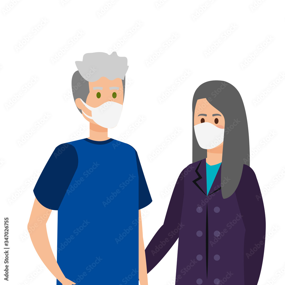 grandparents couple using face mask vector illustration design