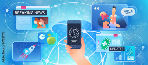 Online breaking news concept. Male hand holding smartphone using to watch around the globe news and daily updates on web page screens. Flat design of smartphone usability. Vector illustration.