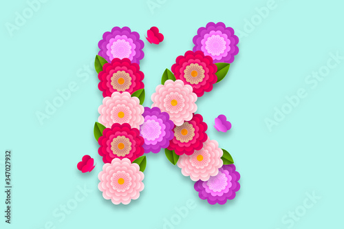 Letter K Abstract flower alphabet on isolated background. Decorative Floral Letter illustration