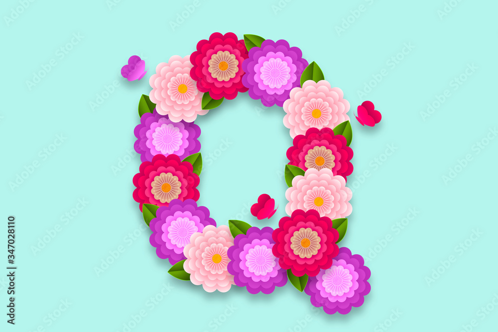 Letter Q Abstract flower alphabet on isolated background. Decorative Floral Letter illustration