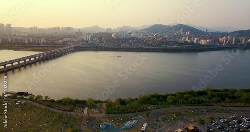 Drone Footage of River and Seoul City, South Korea at Sunset