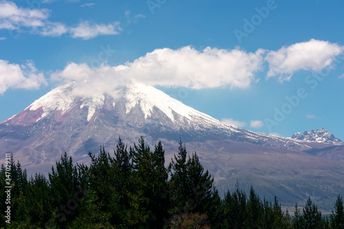 Cotopaxi volcano in Ecuador, blue sky with few clouds behind the mountains a spring day © DavidAlexander
