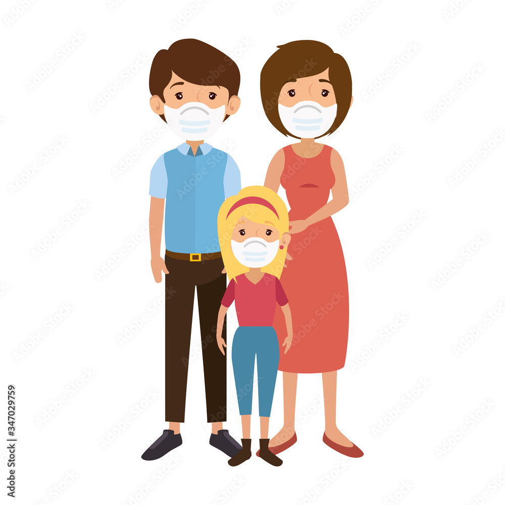 parents with daughter using face mask vector illustration design