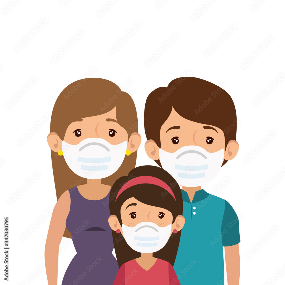 parents with daughter using face mask vector illustration design