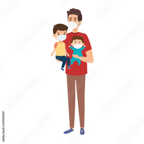 father with children using face mask vector illustration design
