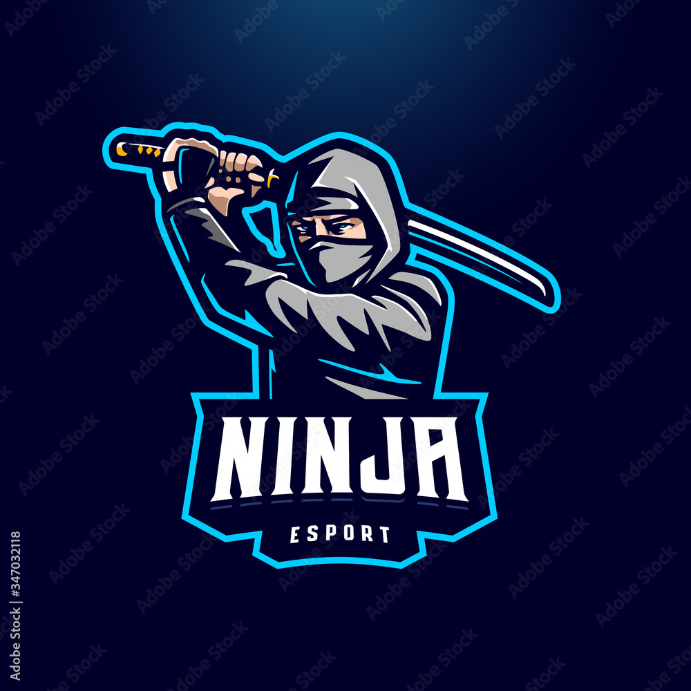 Ninja character holding katana esport mascot logo isolated on dark background