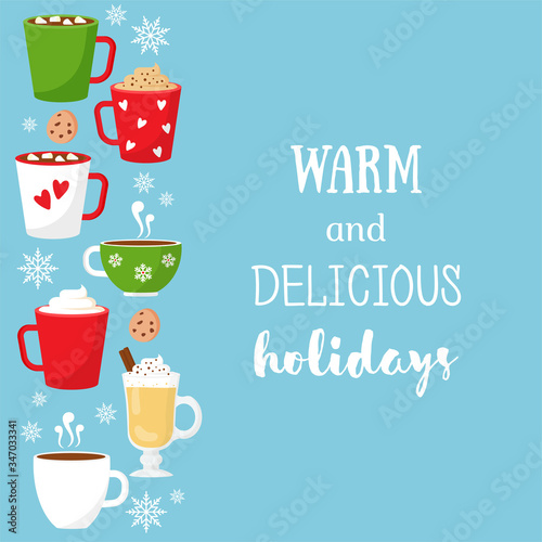 Hot Drinks. Cocoa, Coffee, Tea, Hot Chocolate. 
