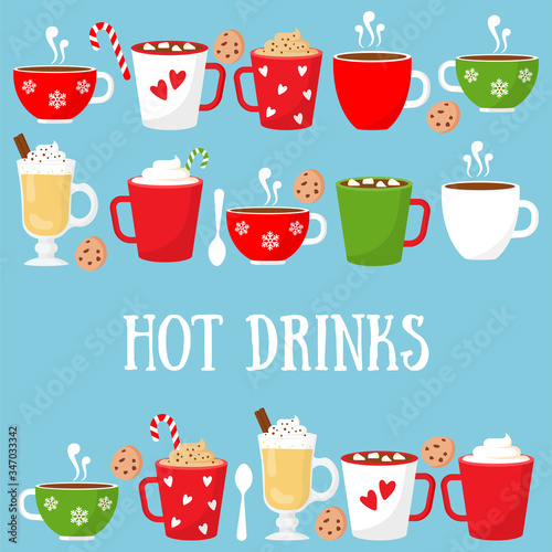Hot Drinks. Cocoa, Coffee, Tea, Hot Chocolate. 
