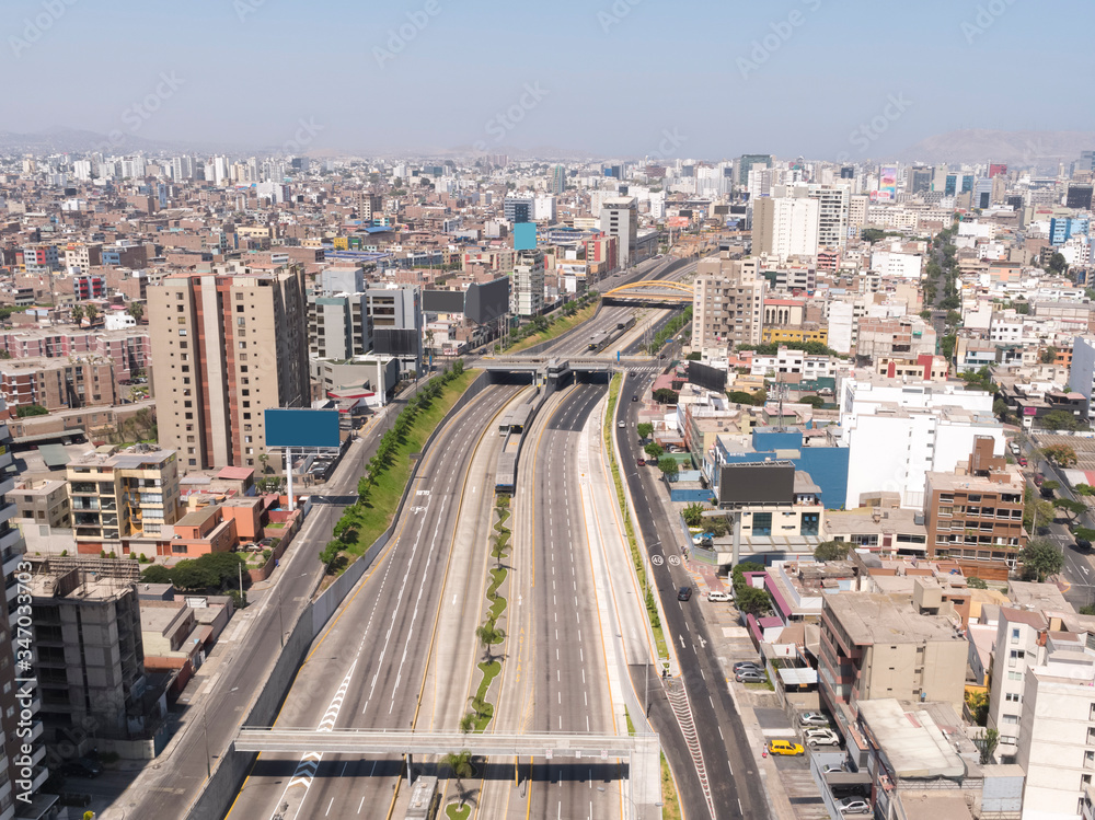Aerial drone view of the empty highway of Lima city at lockdown at coronavirus pandemic in 2020, in Peru.