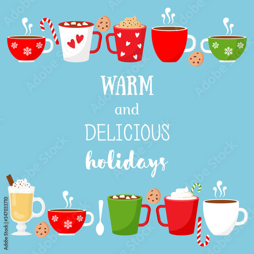 Hot Drinks. Cocoa, Coffee, Tea, Hot Chocolate. 