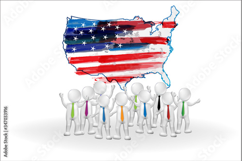 3D teamwork people around USA American flag map watercolor vector logo template
