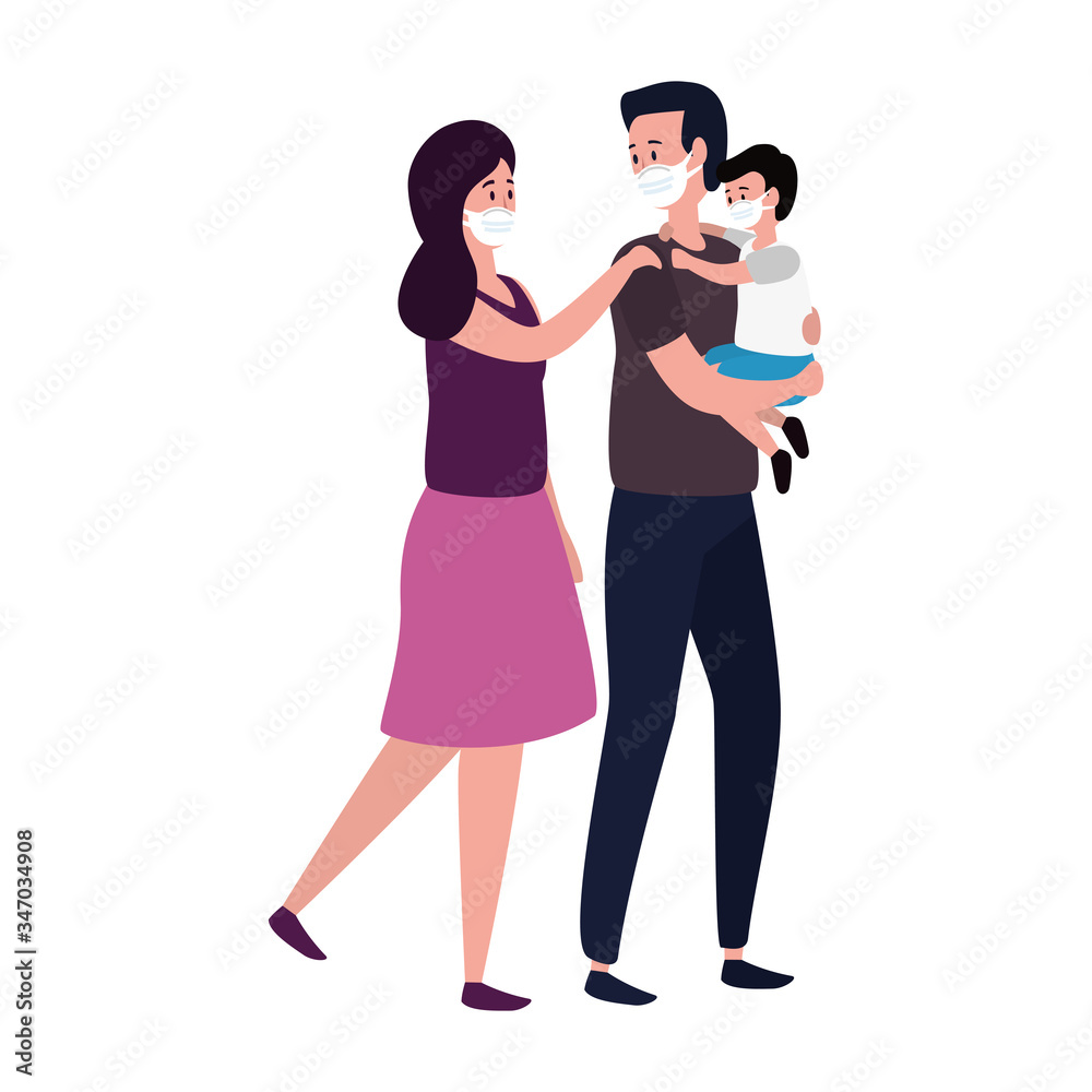 parents with son using face mask vector illustration design