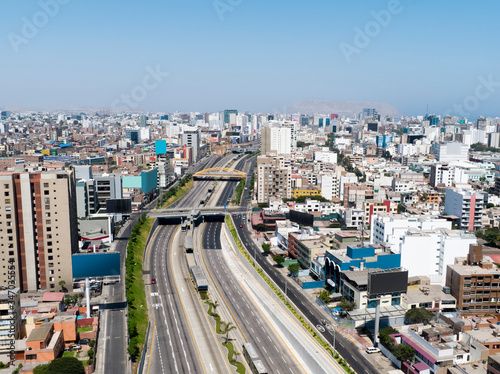 Aerial drone view of the empty highway of Lima city at lockdown at coronavirus pandemic in 2020, in Peru.