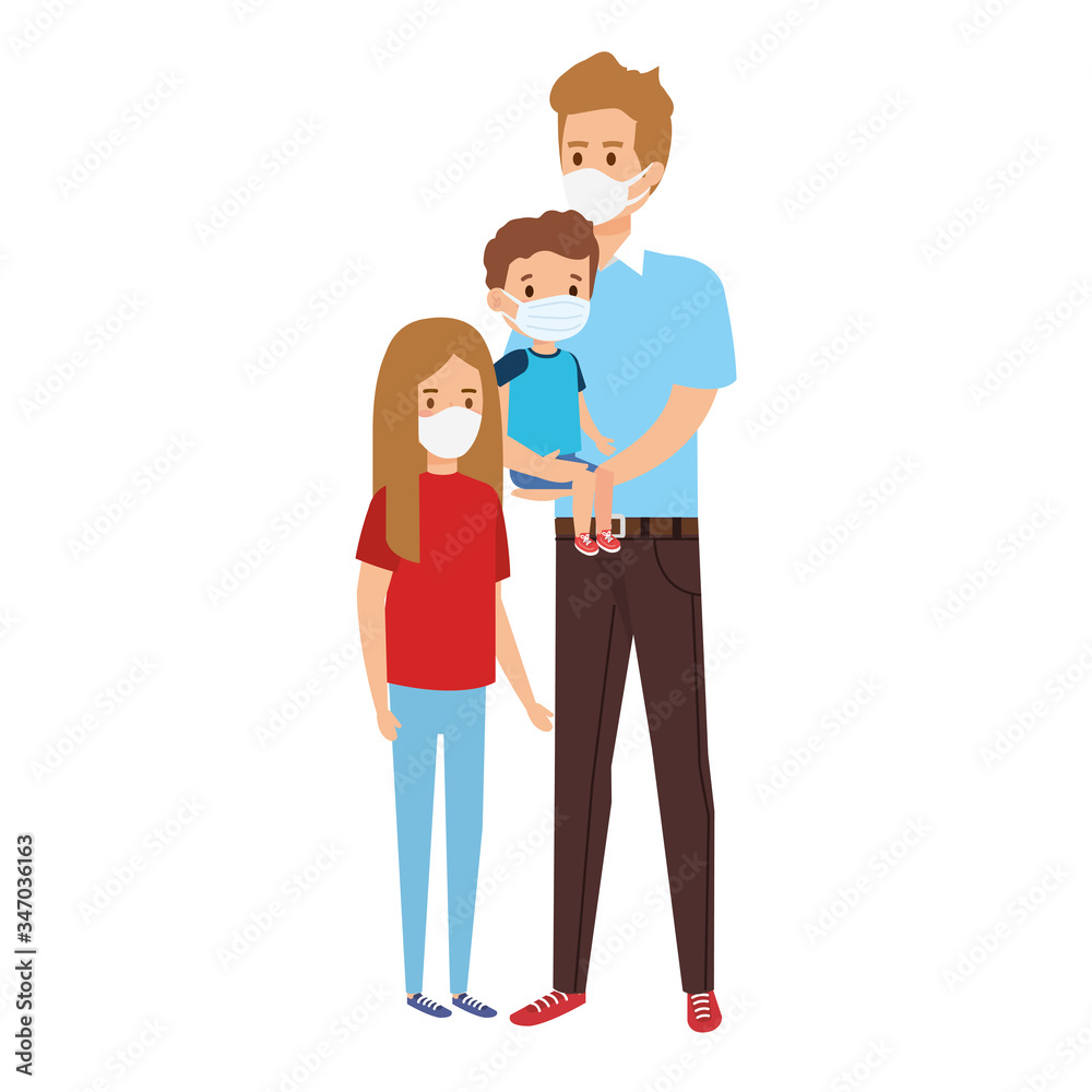 father with children using face mask vector illustration design