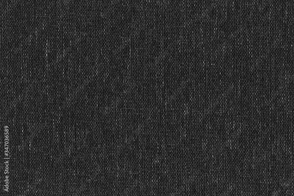 High resolution close-up texture of natural weave cloth in dark and black color. Fabric texture of natural cotton or linen textile material. Black fabric background. - obrazy, fototapety, plakaty 