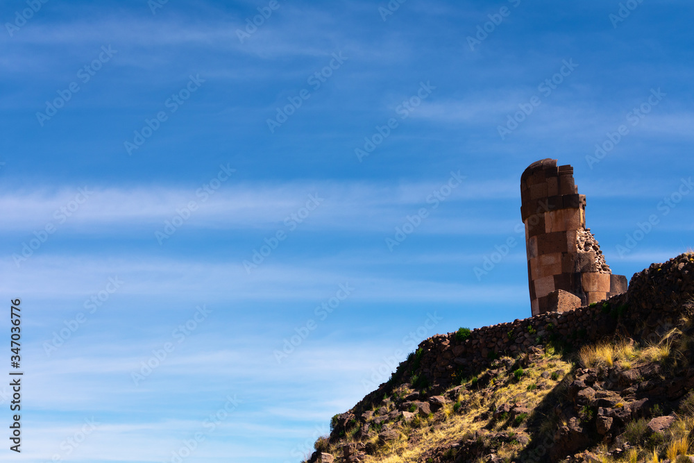 Ancient tomb of indigenous people called Sillustani in Puno, southern Peru. Two