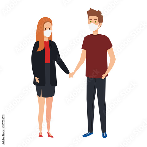 young couple using face mask isolated icon vector illustration design