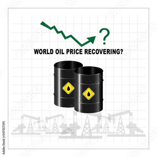 Oil price recovering concept vector, downwards then upwards going graph showing recovering oil price